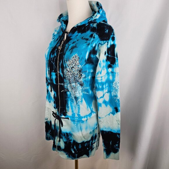 Sledge Vintage Hoodie Medium Zip Tie-Dye Rhinestone Blue Y2K Grunge Long Pockets - Picture 3 of 11
